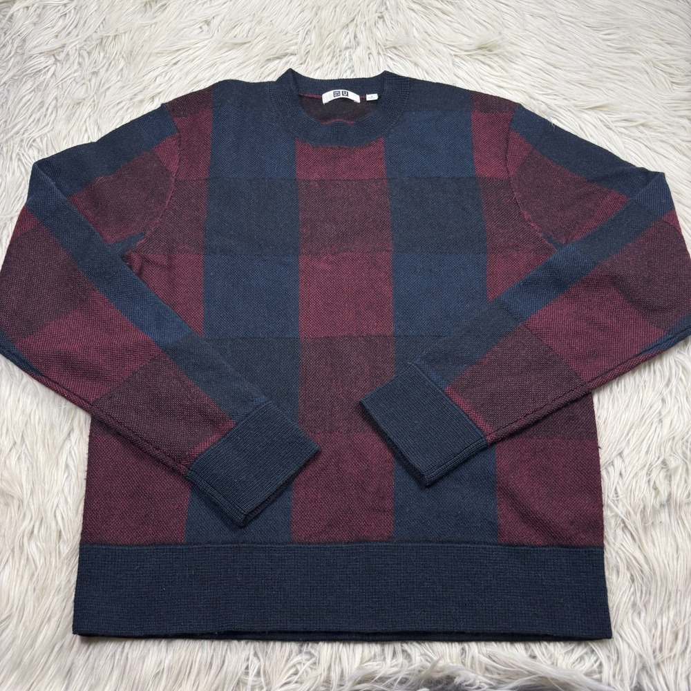 Uniqlo Men's S Navy Burgundy Plaid Crew Sweater Wool Preppy‎ Heritage Ivy League